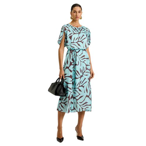 Veronika Maine Mint Foliage Georgette Gathered Sleeve Midi Dress